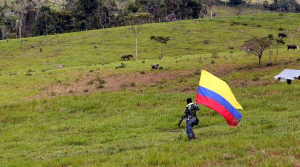 Un hombre camina con la bandera de Colombia al finalizar la ceremonia de entrega de armas. Foto: EFE