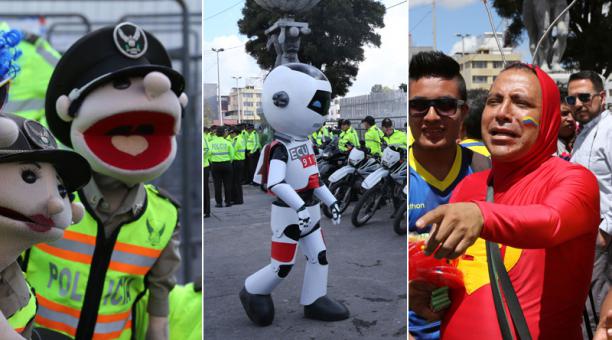 Un chapulin (der.) un robot y Paquito, el títere policia. Los curiosos personajes que llegaron al estadio Atahualpa. Fotos: Alfredo Lagla / ÚN
