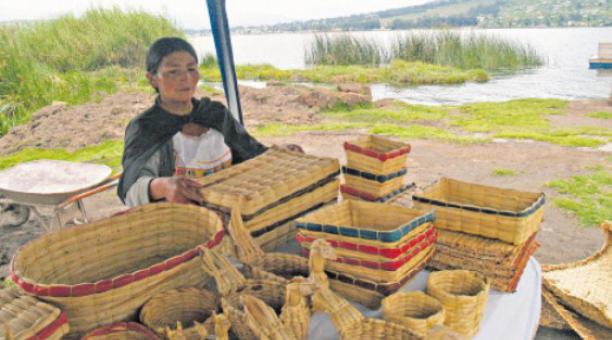 Hace ocho años, Juana Villagrán aprendió la técnica para tejer las fibras de totoras del lago San Pablo.