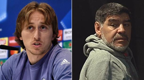 Luka Modric (izq.) y Diego Maradona vivirán el partido entre Real Madrid y Nápoles, uno en la cancha o otro en las gradas, respectivamente. Fotos: Agencias