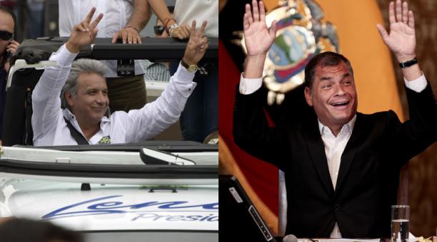 Rafael Correa durante una rueda de prensa en el Palacio de Carondelet (der.) y Lenin Moreno durante una caravana. Fotos: Agencias