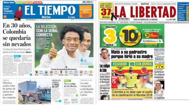 Portadas de diario El Tiempo y La Libertad. Foto: Kiosko.net