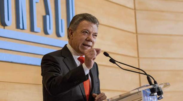 El presidente colombiano, Juan Manuel Santos, durante su discurso en la Organización de las Naciones Unidas para la Educación, la Ciencia y la Cultura (UNESCO) donde abogó por la cultura y la educación. Foto: EFE