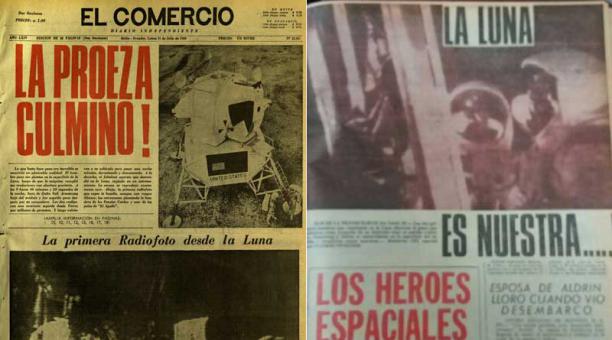 Las portadas de EL COMERCIO y ÚLTIMAS NOTICIAS al dìa siguiente de la llegada dle hombre a la luna. Foto: Archivo del Centro de Documentación