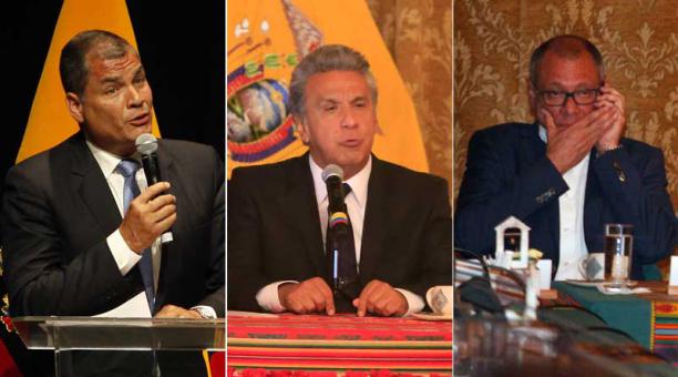 Correa, Moreno y Glas protagonizaron ayer un intercambio de declaraciones que agudizaron la crisis interna. Fotos: Archivo
