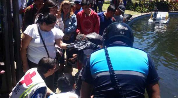 Un menor de 11 años fue rescatado por personal de la Policía Metropolitana, luego de que cayera de un bote en la laguna de La Alameda, en el centro de Quito. Foto: ÚN