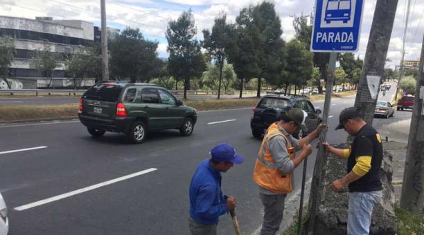 Para señalizar las paradas se usa pintura acrílica de tráfico que debe recibir mantenimiento cada seis meses. Foto: Paúl Rivas / ÚN