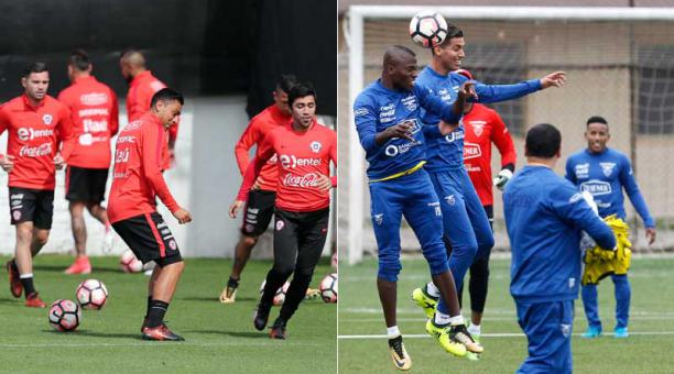 Los jugadores de la Selección de Chile y de Ecuador se preparan para el partido de eliminatorias a Rusia 2018. Fotos: Agencias.