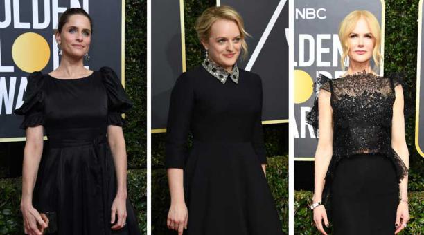 (De izq. a der.) Amanda Peet, Elisabeth Moss, Nicole Kidman lucieron vestidos negros ela gala de los Globos de Oro. Foto: AFP