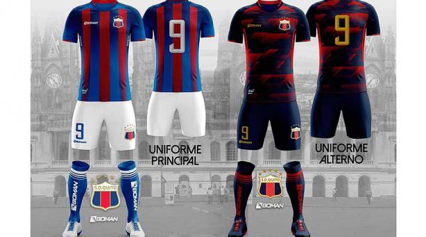 El uniforme principal mantiene las tradicionales franjas azulgranas, mientras que para el alterno se destaca un diseño en azul marino con toques rojos. Foto: Twitter Deportivo Quito
