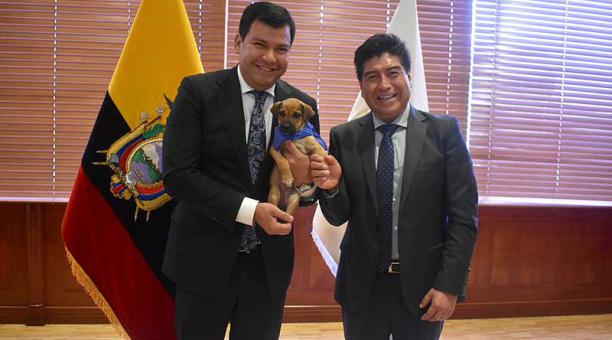 Este 7 de junio del 2019, el alcalde Jorge Yunda entregó a César Litardo, presidente de la Asamblea Nacional, a la cachorrita de nombre Pacha. Foto: Twitter Panas de Jorge Yunda