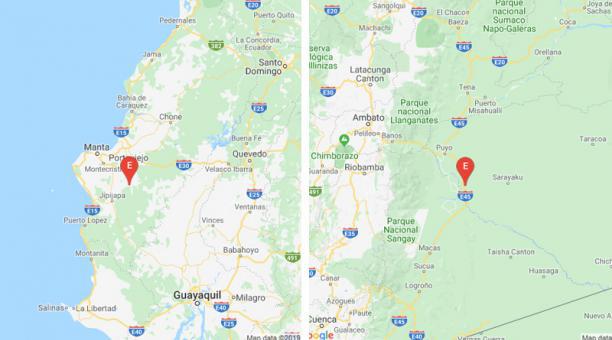 Dos sismos se registraron la madrugada de este 15 de noviembre del 2019. El primero (izq.), en Manabí, y el segundo, en Pastaza (der.). Foto: captura