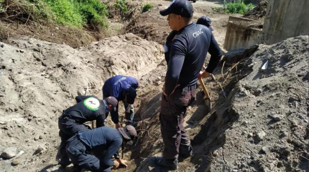 Criminalística hace la fijación y levantamiento de indicios relacionados a los restos óseos hallados el 29 de noviembre del 2019, en el sector de Pomasqui. Foto:  Twitter Fiscalía