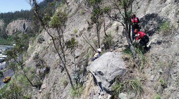 Técnicos de la Epmmop y del Cuerpo de Bomberos de Quito emplean técnicas de apuntalamiento y chorros de agua para remover la roca de nueve toneladas. Foto: Eduardo Terán / ÚN