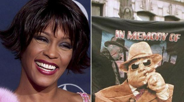 Una combinación de imágenes de Whitney Houston y de una camiseta se tributo del rapero Biggie Smalls aka The Notorious B.I.G 18. Foto: AFP