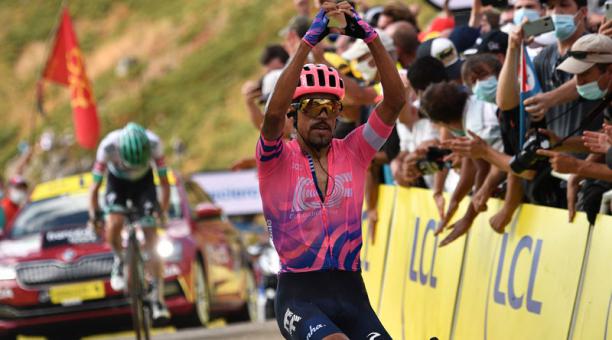 El ciclista del Education First Daniel Martínez celebra al ganar la etapa 13 de Tour de Francia, el 11 de septiembre del 2020. Foto: AFP