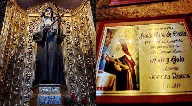 La efigie de Santa Rita de Casia. A la derecha, placas de agradecimiento. Foto: cortesía Municipio de Quito