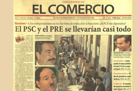 Portada de EL COMERCIO del 20 de mayo de 1996. Centro de Documentación.