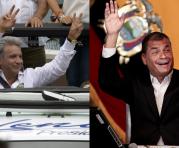 Rafael Correa durante una rueda de prensa en el Palacio de Carondelet (der.) y Lenin Moreno durante una caravana. Fotos: Agencias