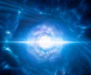 Esta imagen de folleto obtenida del Observatorio Europeo del Sur el 16 de octubre de 2017 es una impresión de artistas que muestra dos estrellas de neutrones diminutas pero muy densas en el punto en que se fusionan y explotan como un kilonova. Foto: AFP